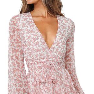 Women's Casual Floral Print Long Bubble Sleeves Polka Dot Romper Ruffle Hem Deep